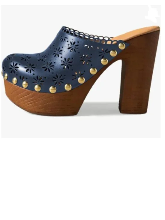 FOWT Blue Studded Round Toe Floral Cut Out Platform Mules Chunky Heel Sandals - Picture 1 of 8
